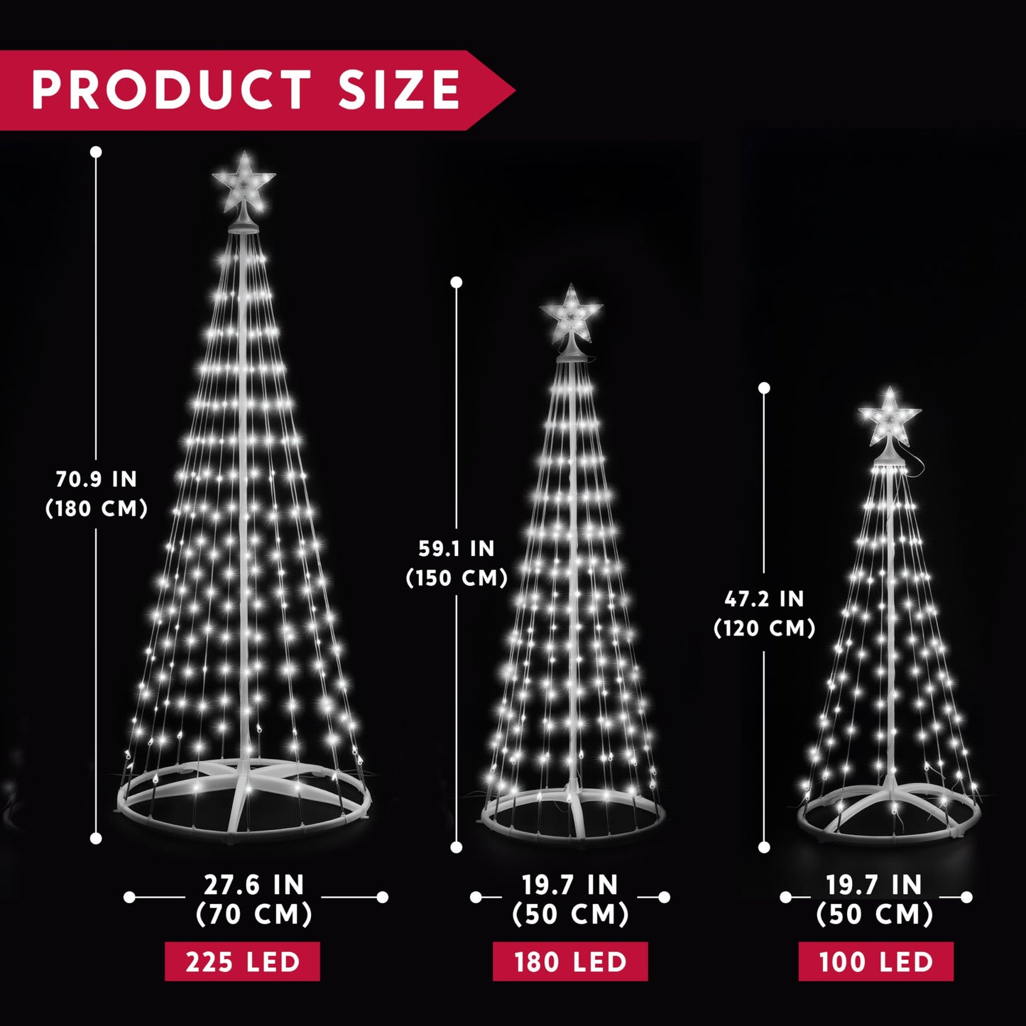 JOYIN 3 Pack LED Christmas Cone Tree Lights, 4FT 5FT 6FT Outdoor Lighted Tree with 8 Lighting Modes & Star Topper, Christmas Decorations for Yard Porch Patio Garden Holiday Decor, Cool White