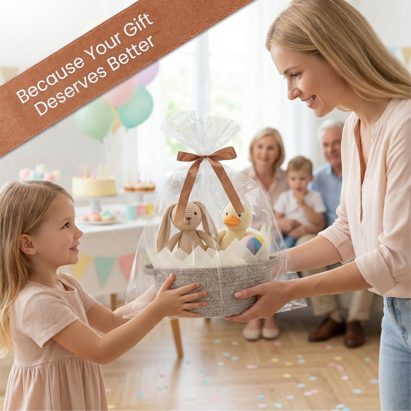 VIRETH HAUS 4 Pack Small Woven Baskets with Gift Bags, Ribbons, Wrap Tissue Papers – Gift Baskets Empty to Fill for Valentines, Baby Shower, Easter, Christmas Day, Decorative Storage Bins for Toys