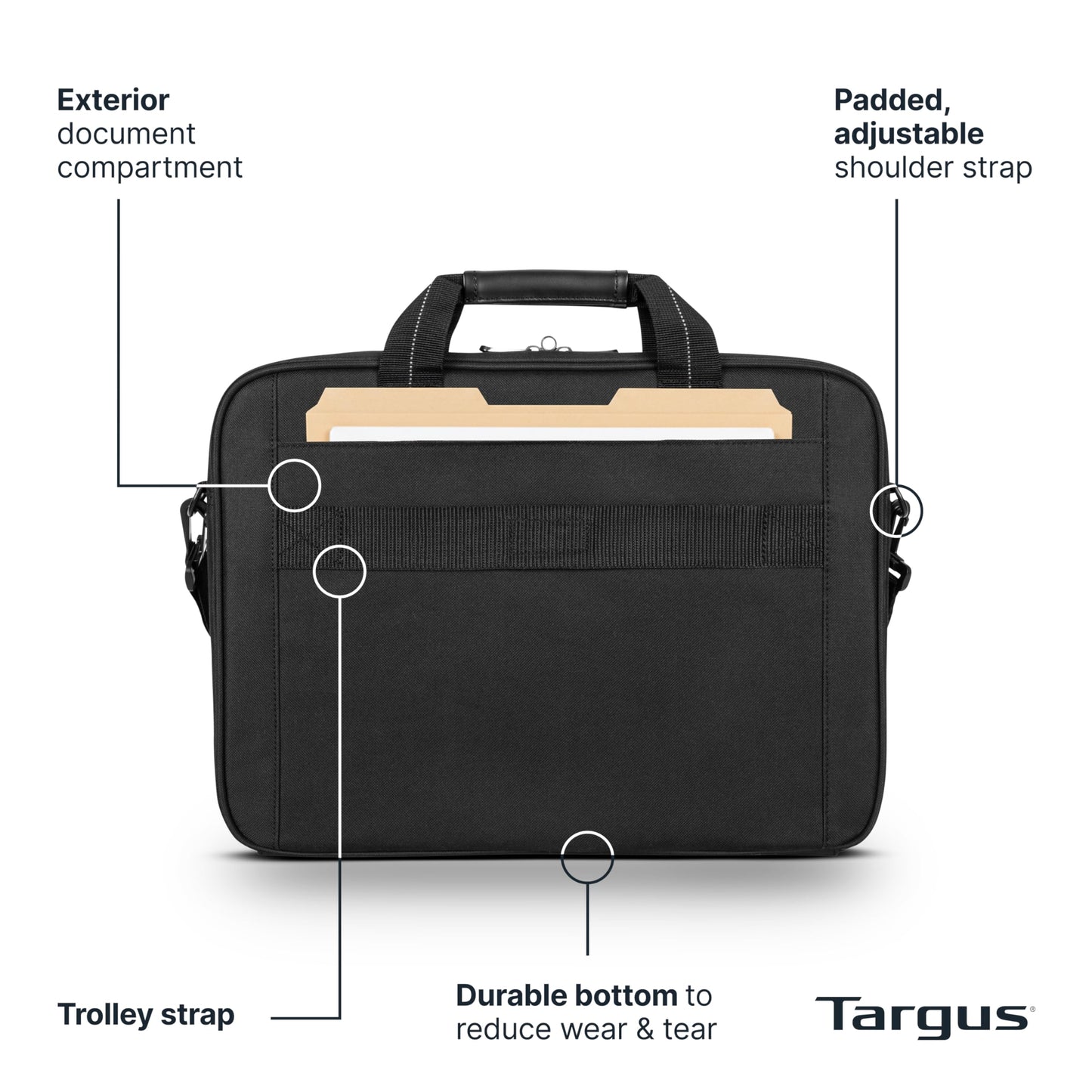 Targus 15-16 Inch Slim Lightweight Laptop Briefcase, Black - Messenger and Shoulder Bag with Padded Compartment and Trolley Strap for 16" Laptops (TCT027US)