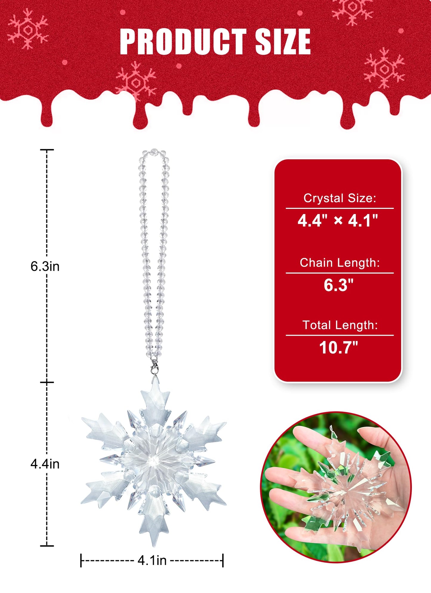 Crystal Snowflake Ornament, Clear Faceted Crystal Christmas Tree Ornament with Chain and Rayon Ribbons, Window Door Hanging Decor Gift, 2026, Clear-3
