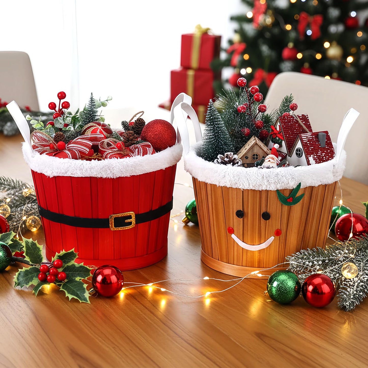 Youyole 4 Pieces Christmas Basket for Gifts Woven Bamboo Xmas Round Gingerbread Basket Small Santa Claus for Christmas Party Supplies Gift Snack Storage(Tall and Handle)