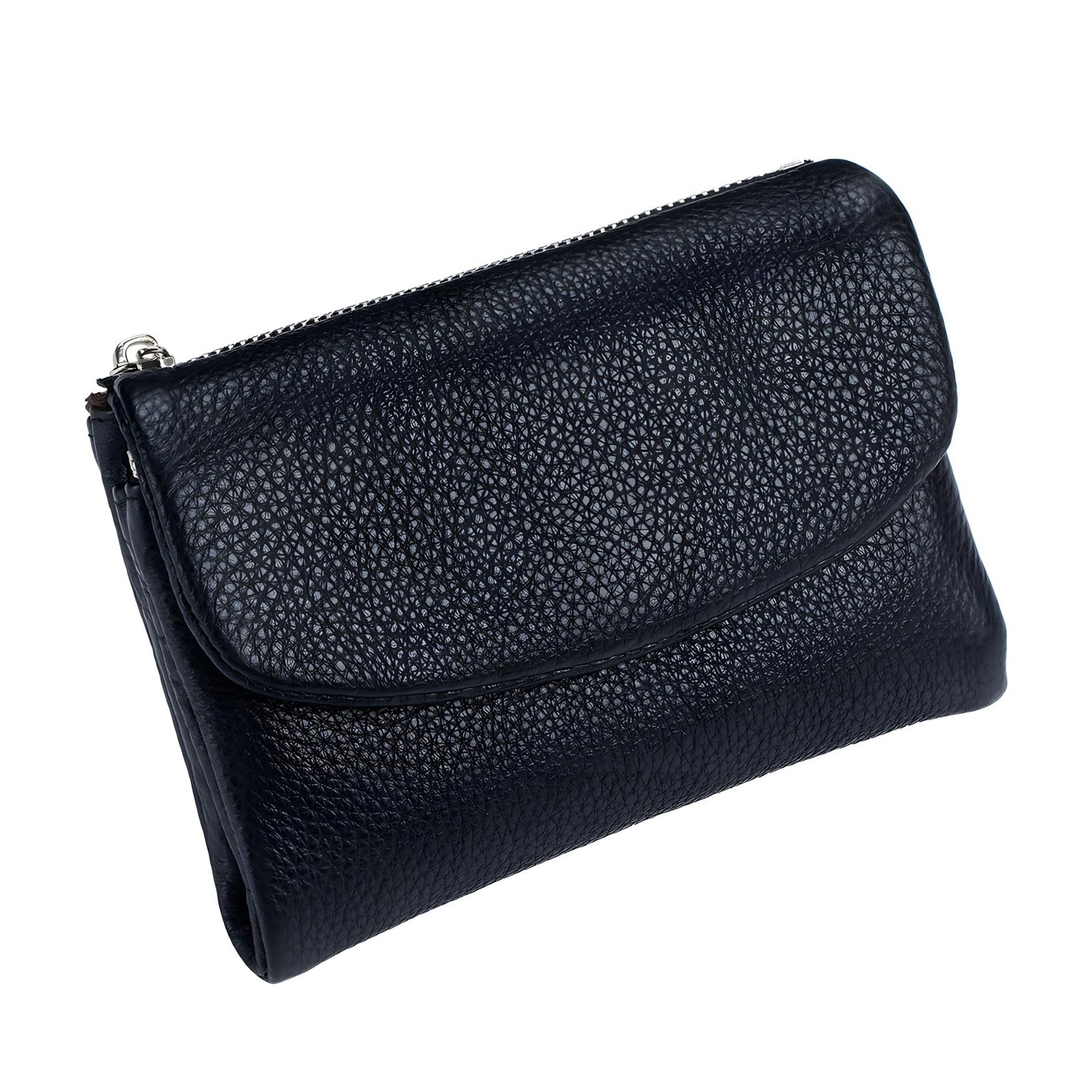 Unisex Pebble Leather Wallet, 5.3In Short Genuine Leather Coin Card Holder, Two zippered pockets, Unisex Clutch Bags, Can Hold Coins, Cards, Id Cards (Black)