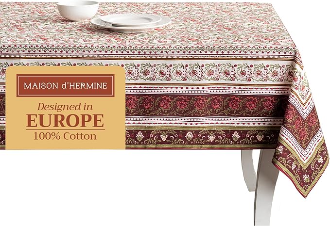 Maison d' Hermine Table Cloth Rectangle Table 100% Cotton 60 x 108 Inches Fall Tablecloth Reusable Everyday Use for Thanksgiving Christmas Decorations Dining Farmhouse Party (Reveillon Au Jardin)
