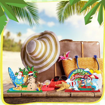 6 Pcs Summer Christmas in July Wooden Table Decoration July Summer Table Centerpiece Sets Decor Christmas Party Supplies Santa Flamingo Palm Tree Beach Party Table Decorations Holiday Xmas Supplies