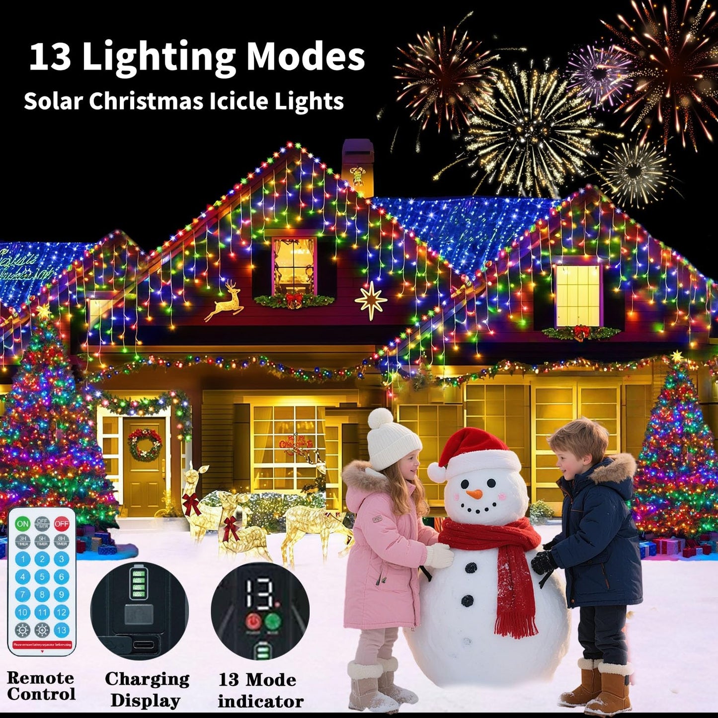 Aolupal Upgraded 640LED Solar Christmas Icicle Lights Outdoor Waterproof,60+16FT 13 Modes & USB Rechargeable Solar Powered Icicle Light for Roof House Yard Christmas Outdoor Decoration