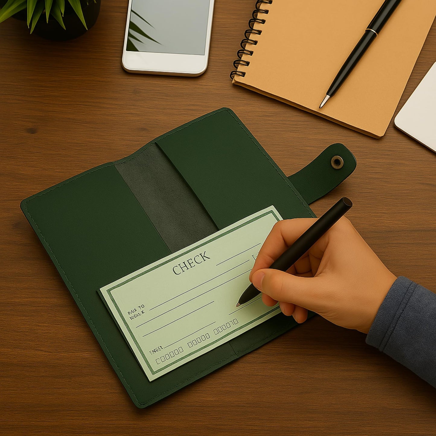 CestAntiQ, Distressed Leather Checkbook Cover with Pen Holder Full Grain Green Leather Check Book Cover for Personal or Duplicate Checks Executive Checkbook Wallet for Men Women Slim Gift Organizer
