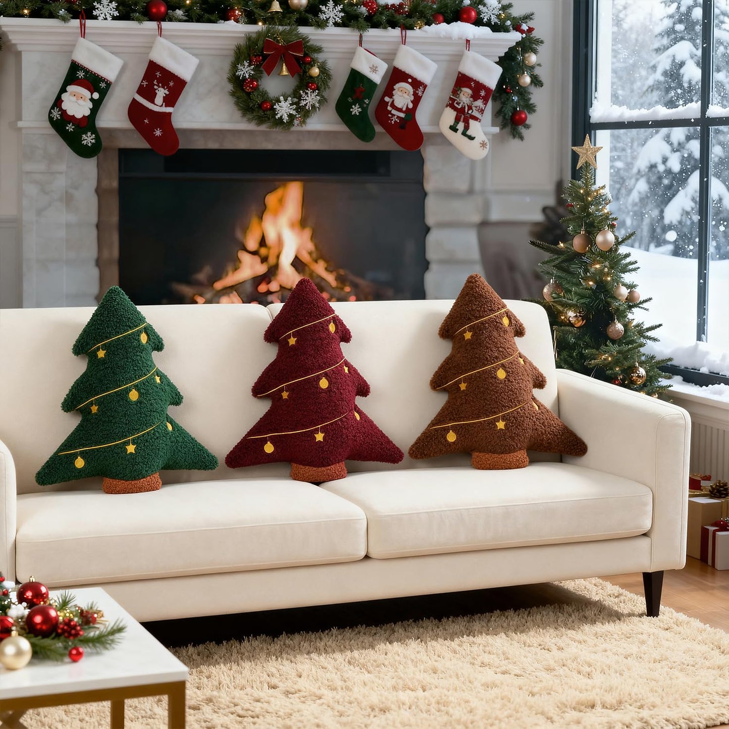Artmag Christmas Pillow, Decorative Christmas Tree Pillow Stuffed Tree Shaped Embroidered Star Ball Bedroom Xmas Plush for Party Home Decorations 15.5" x 14.5" Green