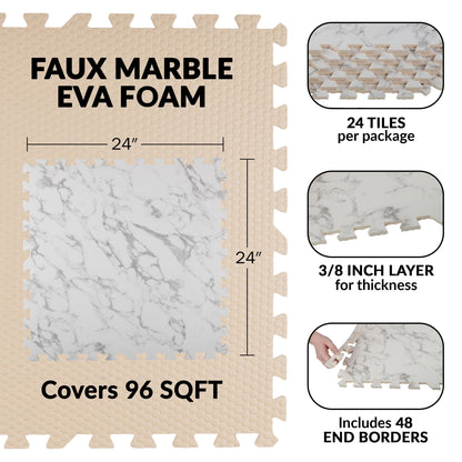 EVA Foam Floor Tiles 24-Pack - 96SQFT Puzzle Mat - Interlocking Foam Tiles for Baby Play Mat or Gym Flooring for Exercise by Stalwart (Faux Marble)