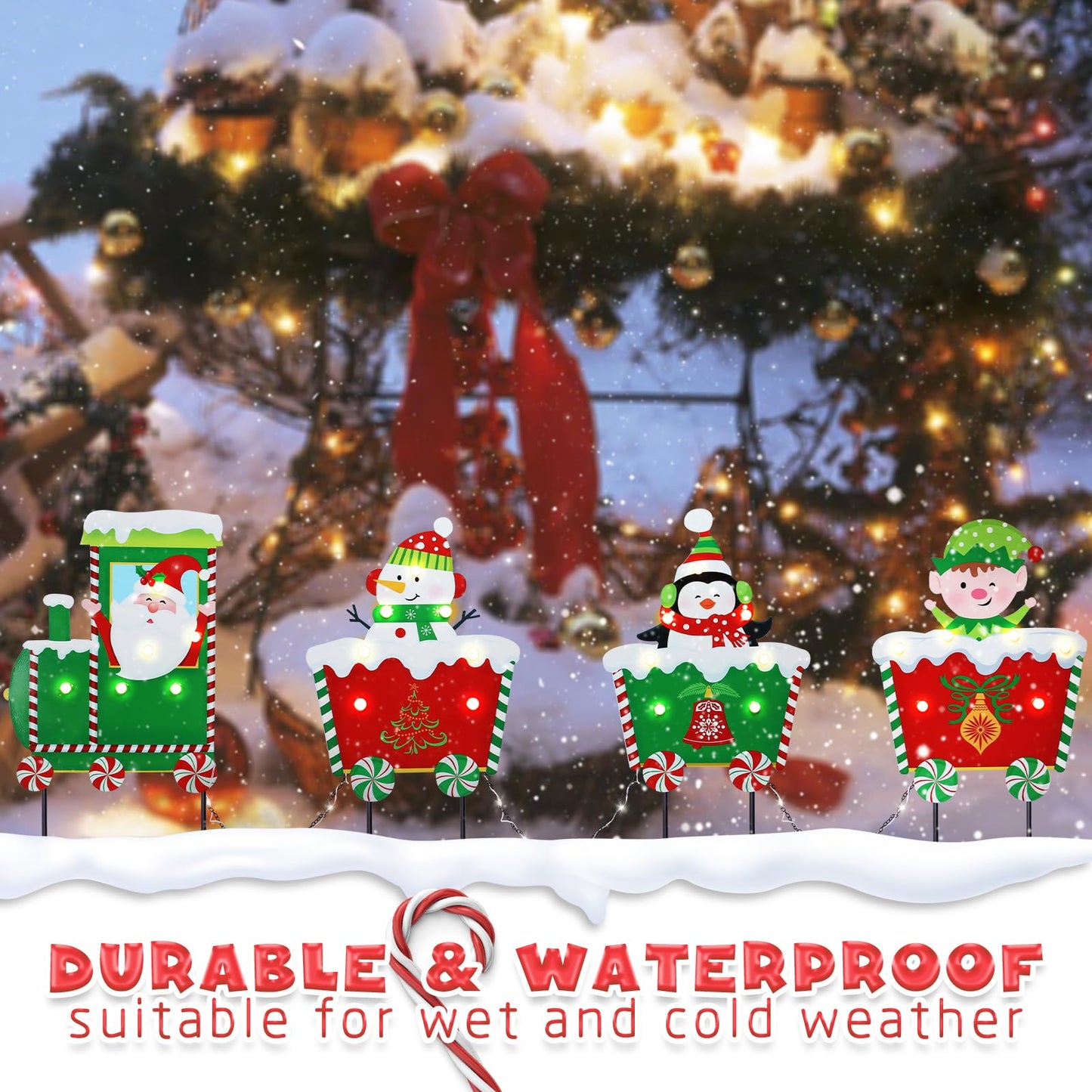 WONDER GARDEN Christmas Metal Yard Stakes, Lighted 4 Pack Christmas Garden Stakes Yard Signs, Outdoor Decorations Train with Santa, Snowman, Penguin, Boy for Lawn Party Outside