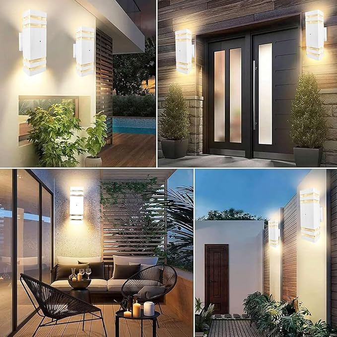 White Dusk to Dawn Sensor Outdoor Wall Lights, 2 Pack Up and Down Lights Outdoor Wall Mount Light, Aluminum Exterior Wall Sconces Waterproof Outside Lights for Porch Hallway Patio
