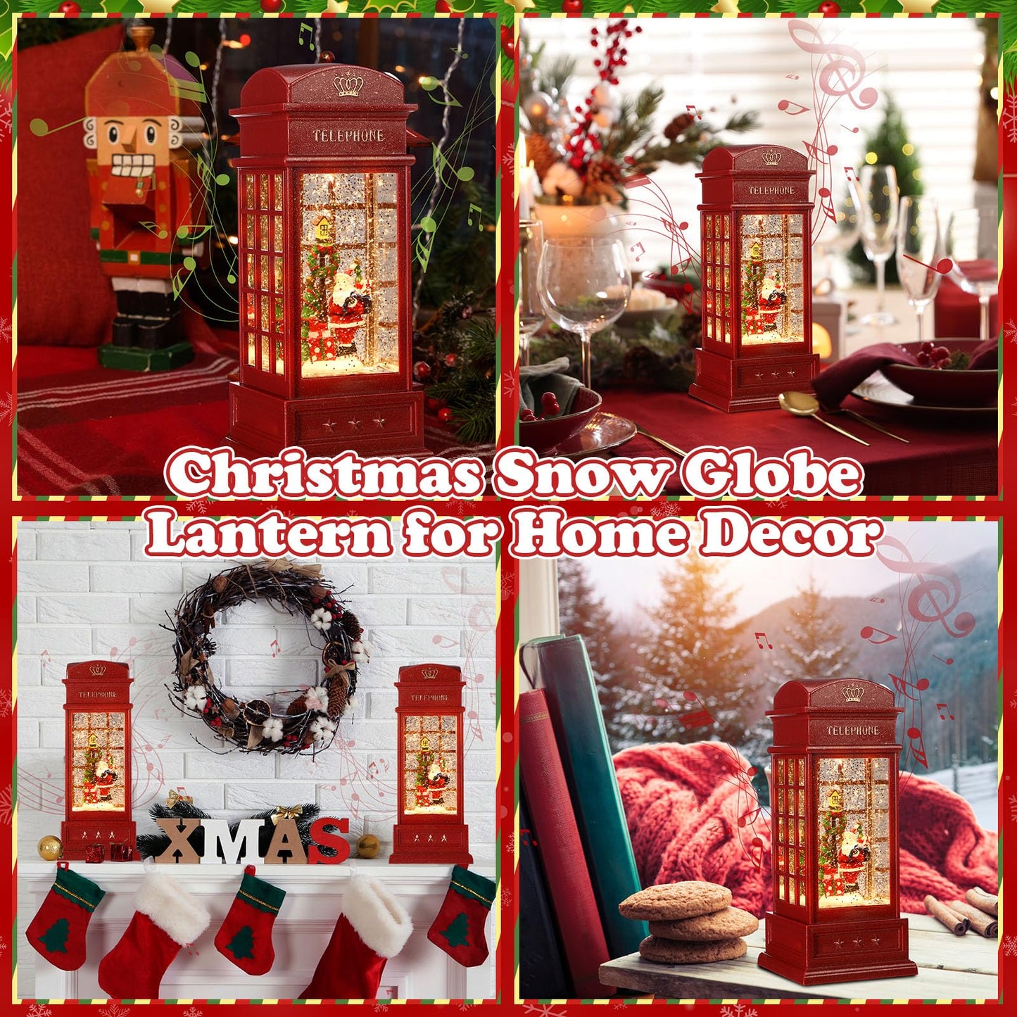 Riakrum 2 Pcs Christmas Snow Globe Lantern Phone Booth 9.8 Inch Battery or USB Operated Red Glitter Musical Singing and Lighted Water Night Light Centerpiece for Xmas Party Decoration