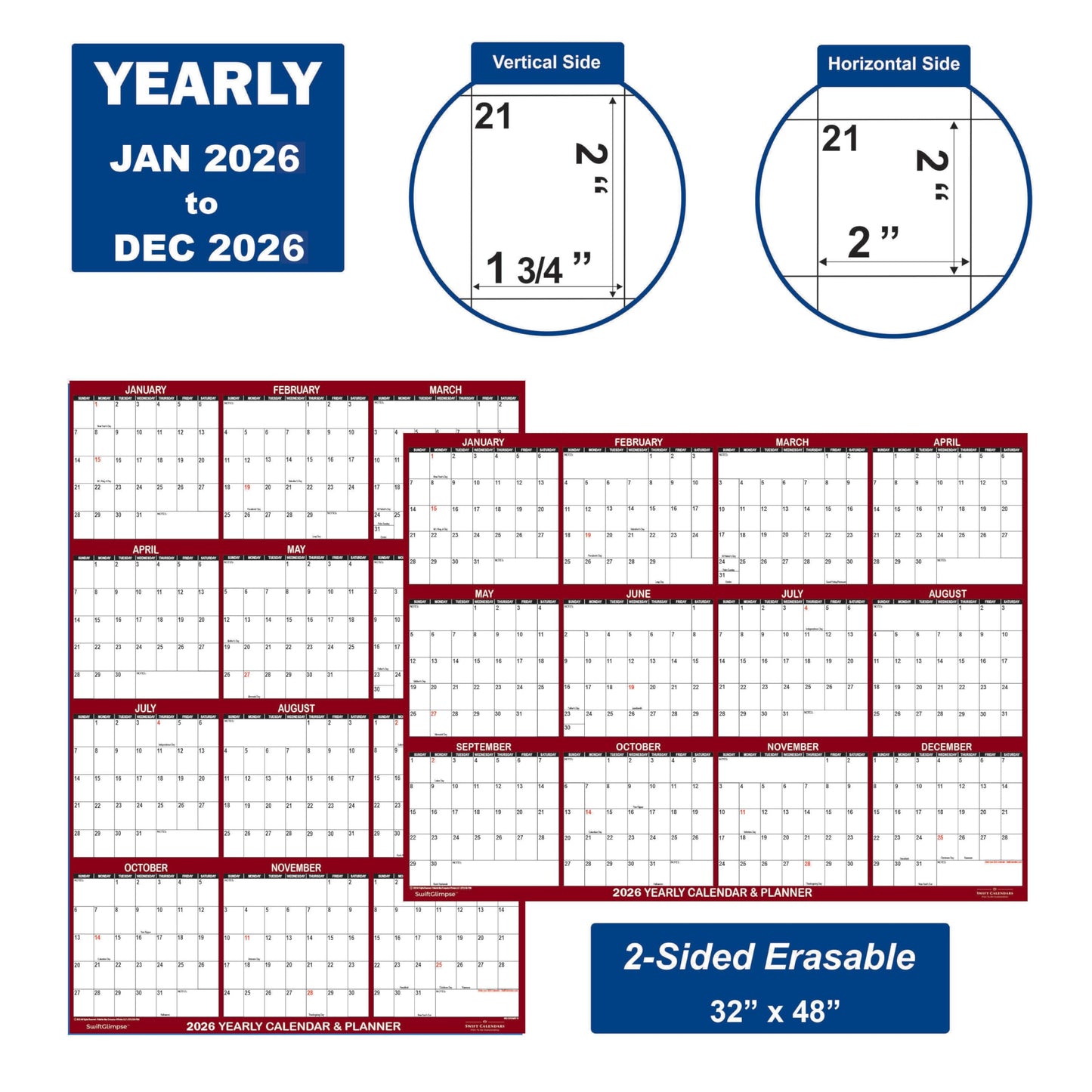 32" x 48" SwiftGlimpse 2026 Wall Calendar Erasable Jumbo XL Wet & Dry Erase Laminated 12 Month Annual Yearly Wall Planner, Reversible, Horizontal/Vertical, Maroon