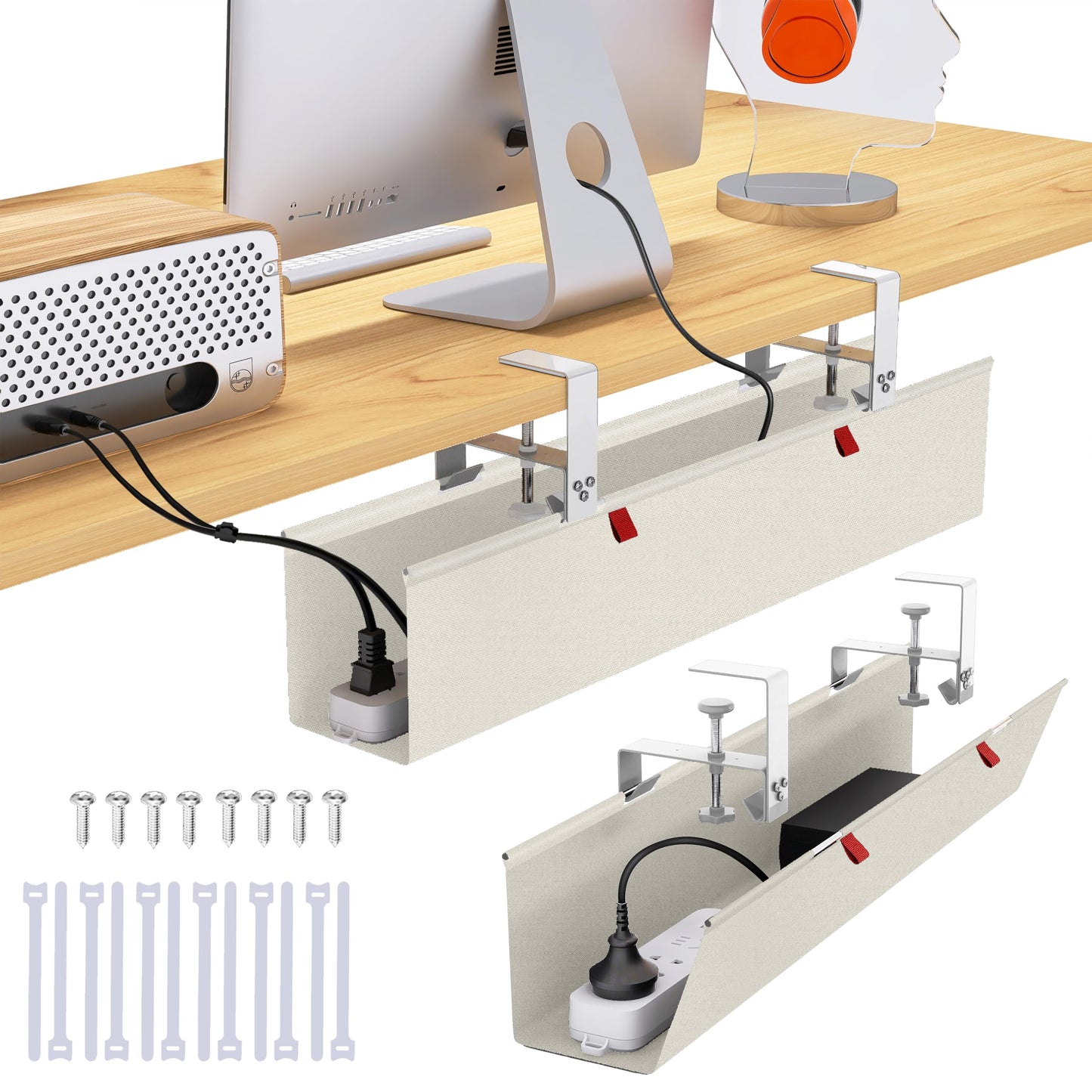 28" Small Under Desk Cable Management Tray No Drill, Compact Clamp On Cord Organizer for Dorm & Small Desk, Anti-Sag Oxford Fabric Wire Hider, Power Strip Holder (Beige, 28.6")