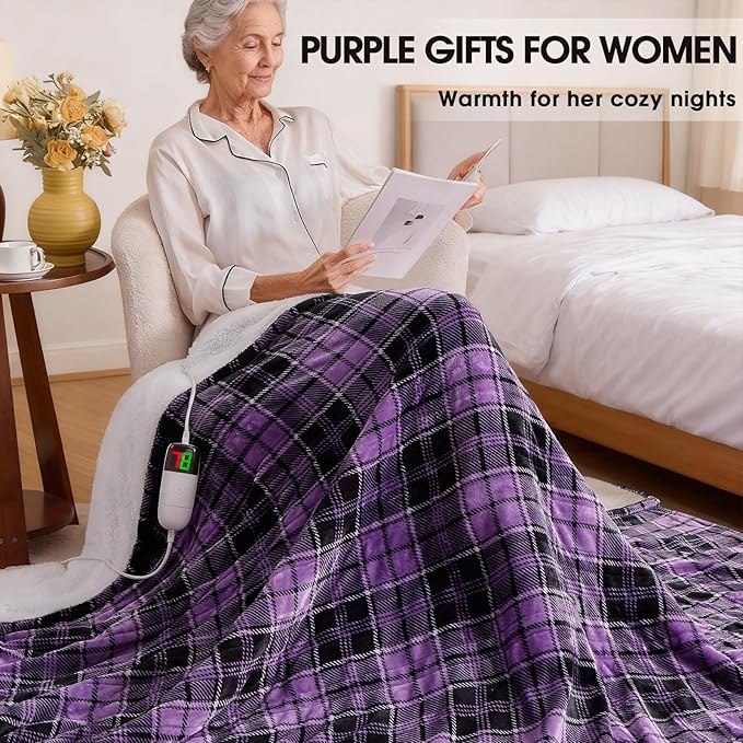 Heated Blanket Electric Throw, 50X60, Heating Throw with 10 Heating Levels & 8 Hours Auto Off, Purple Plaid Checkered Sherpa Blanket Warmer for Couch Bed Office, Gifts for Mom Women Grandma Home Decor
