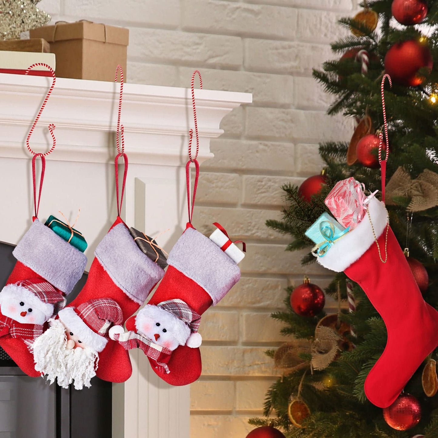 4 Pieces Candy Cane Stocking Holder Christmas Stocking Holders Mantel Hooks Hanger Red and White Xmas Hang Grip Supplies for Christmas Tree Fireplace Party Decoration