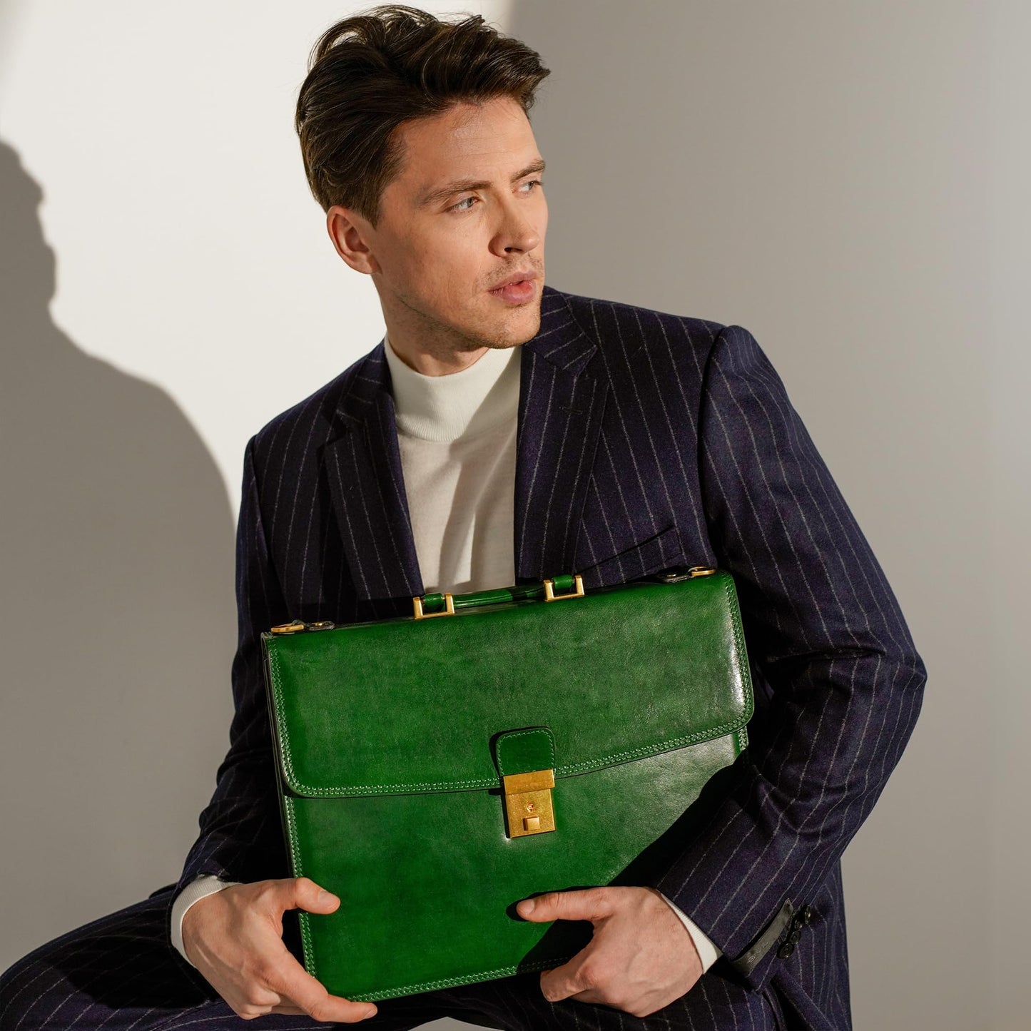 Time Resistance Leather Briefcase - Italian Handmade Leather Laptop Bag - Handbag for Men - Professional Computer Case (Green)