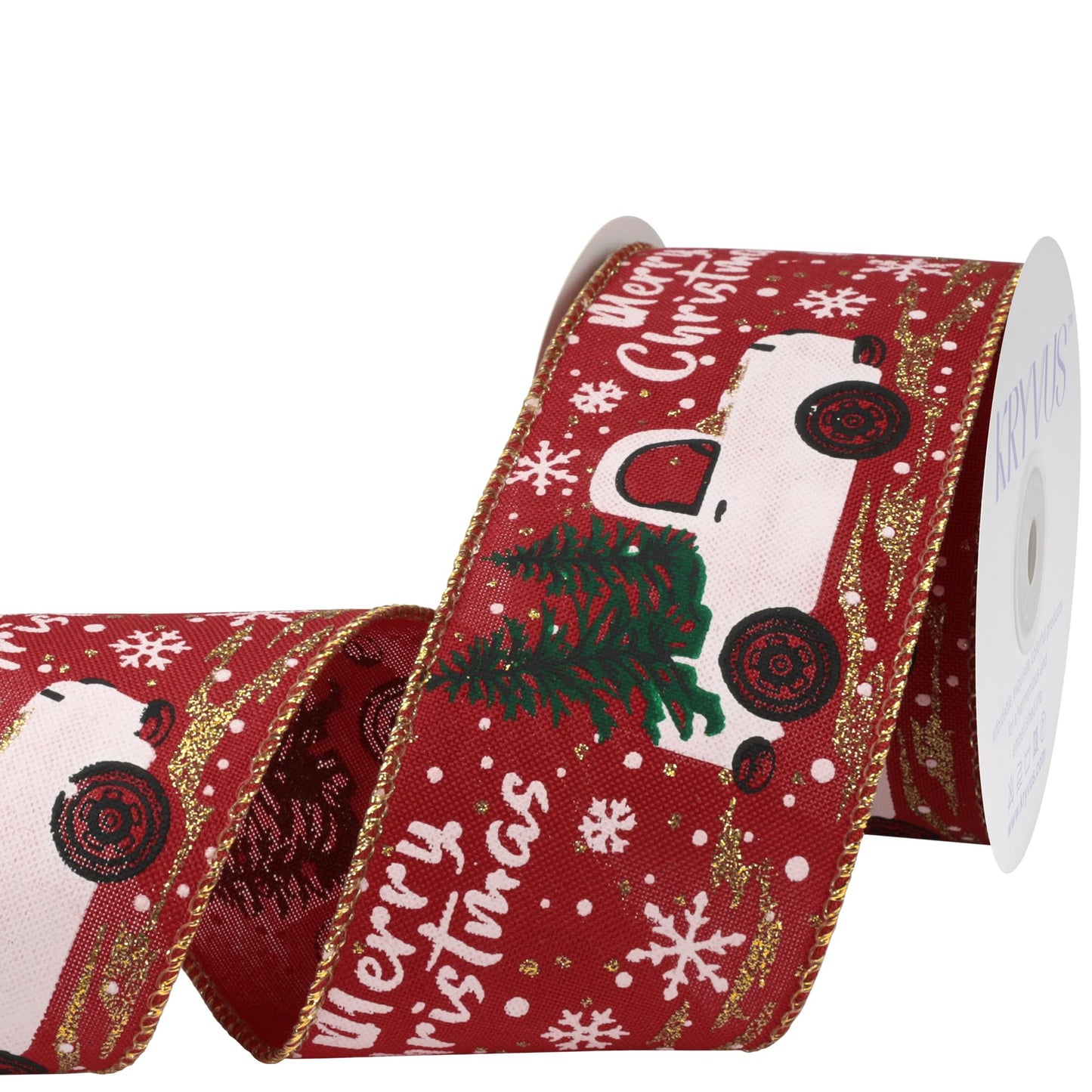 Kryvus Christmas Wired Ribbon, 2.5 Inch x 10 Yards, Red Linen Christmas Ribbon with Gold Wired Edge for Wreaths, Gift Wrapping, Christmas Tree Decorations & Holiday Crafts (Truck/Snow)