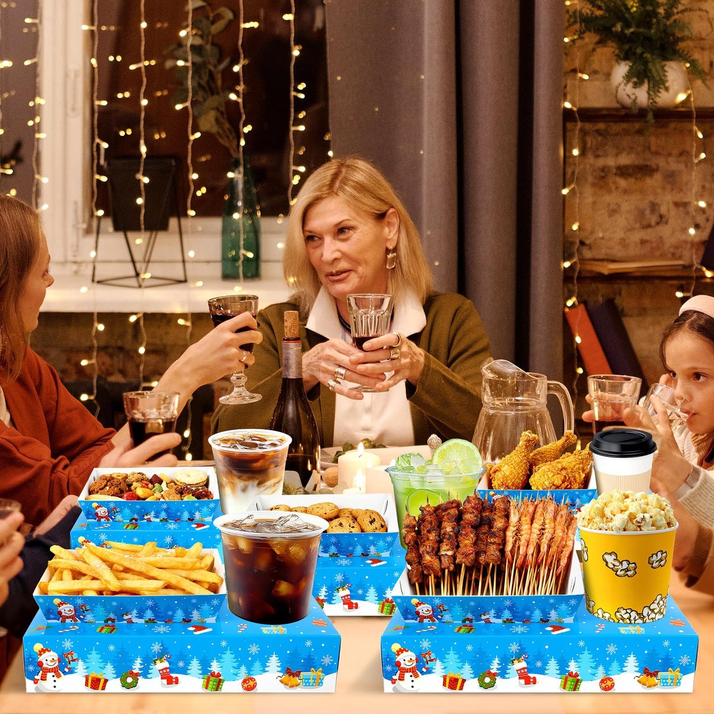 Jansun 36Pcs Christmas Movie Night Snack Trays Blue Candy Popcorn French Fries Snack Trays Christmas Movie Boxes for Snacks Tray Xmas Party Supplies