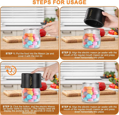 Mason Jar Vacuum Sealer - Electric Kit for Wide & Regular Mouth Canning Jars | Auto-Stop Function, Black