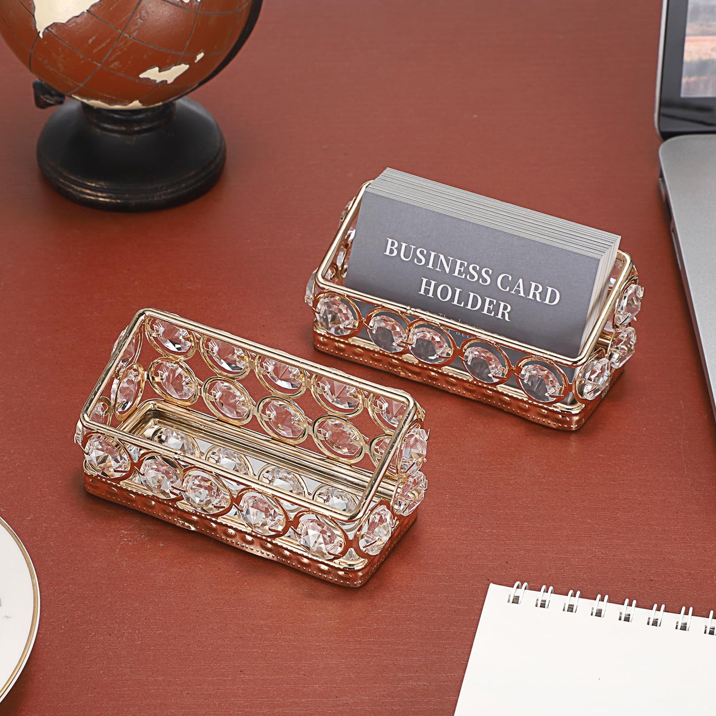 Hipiwe 2 Packs Crystal Business Card Holder Gold Metal Business Card Display Holder for Desk Bling Office Desktop Business Card Storage Organizer with Mirror Base
