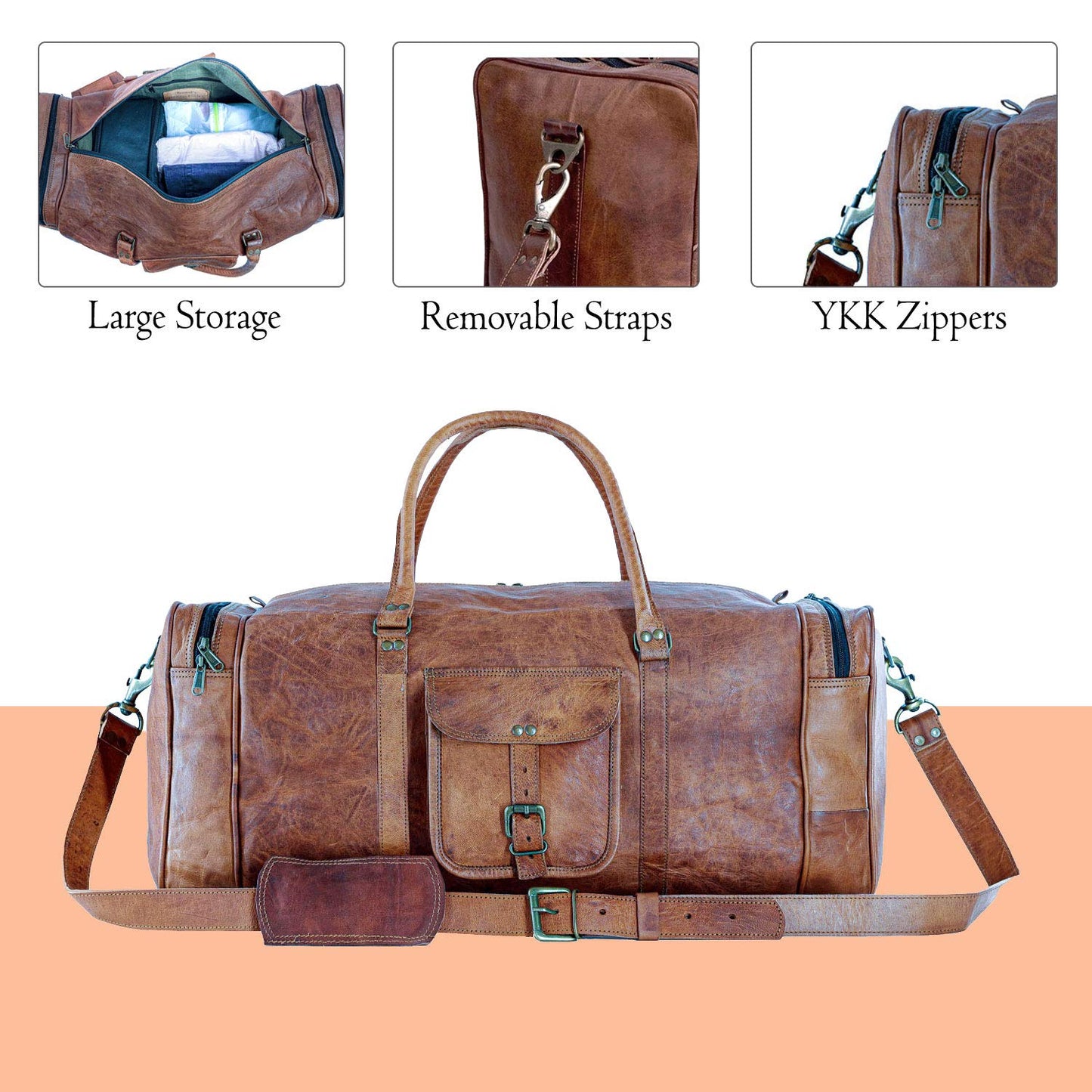 Leather duffle bags large 24 Inch Square Duffel Travel Gym Sports Overnight Weekender Leather Bag for men and women