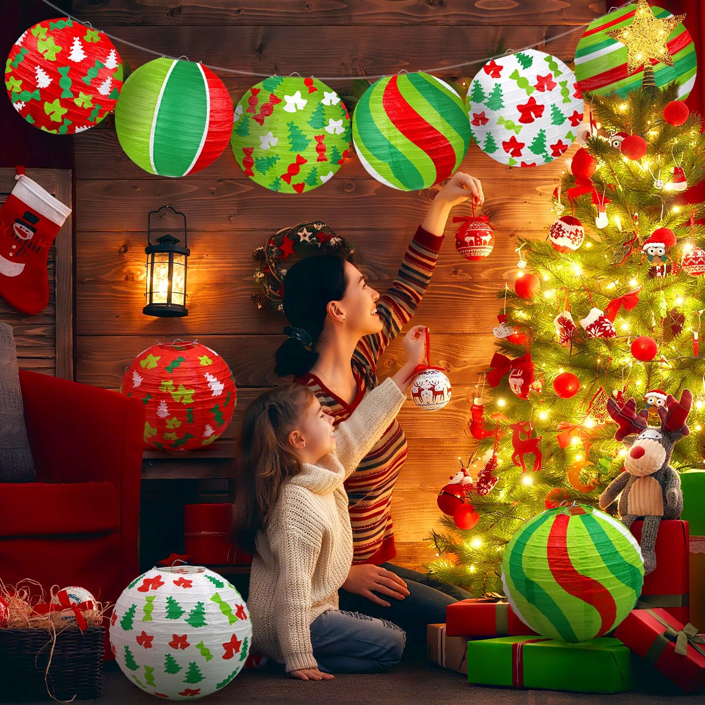 ADLKGG 12PCS Christmas Paper Lanterns Decorations - Hanging Xmas Lanterns with Trees, Bells, Stripes Patterns for Christmas in July & Winter Holiday Party Supplies, Home Patio Classroom Decor