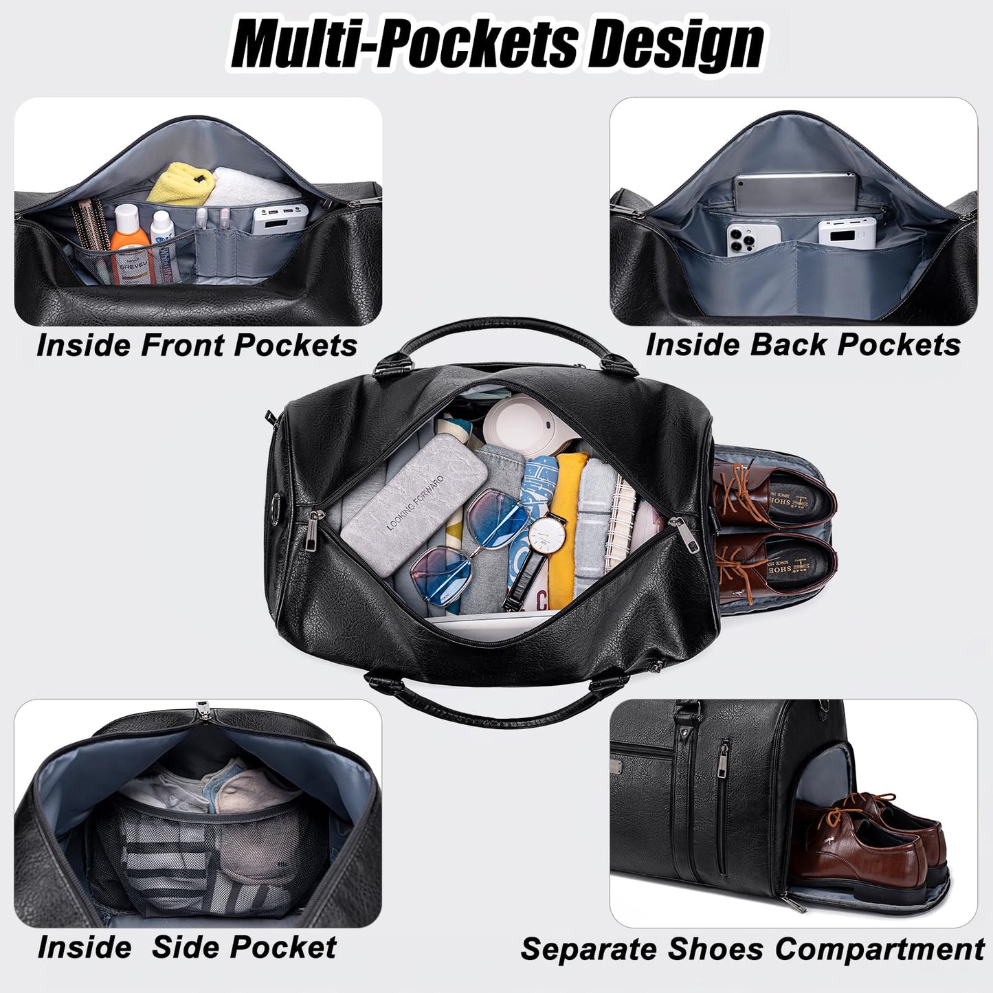 Large Travel Duffel Bag for Women Men, Faux Leather Weekender Overnight Bag with Shoe Compartment, Waterproof Carry On Bag with Toiletry Bag, Travel Tote Bag Gym Bag (Black)