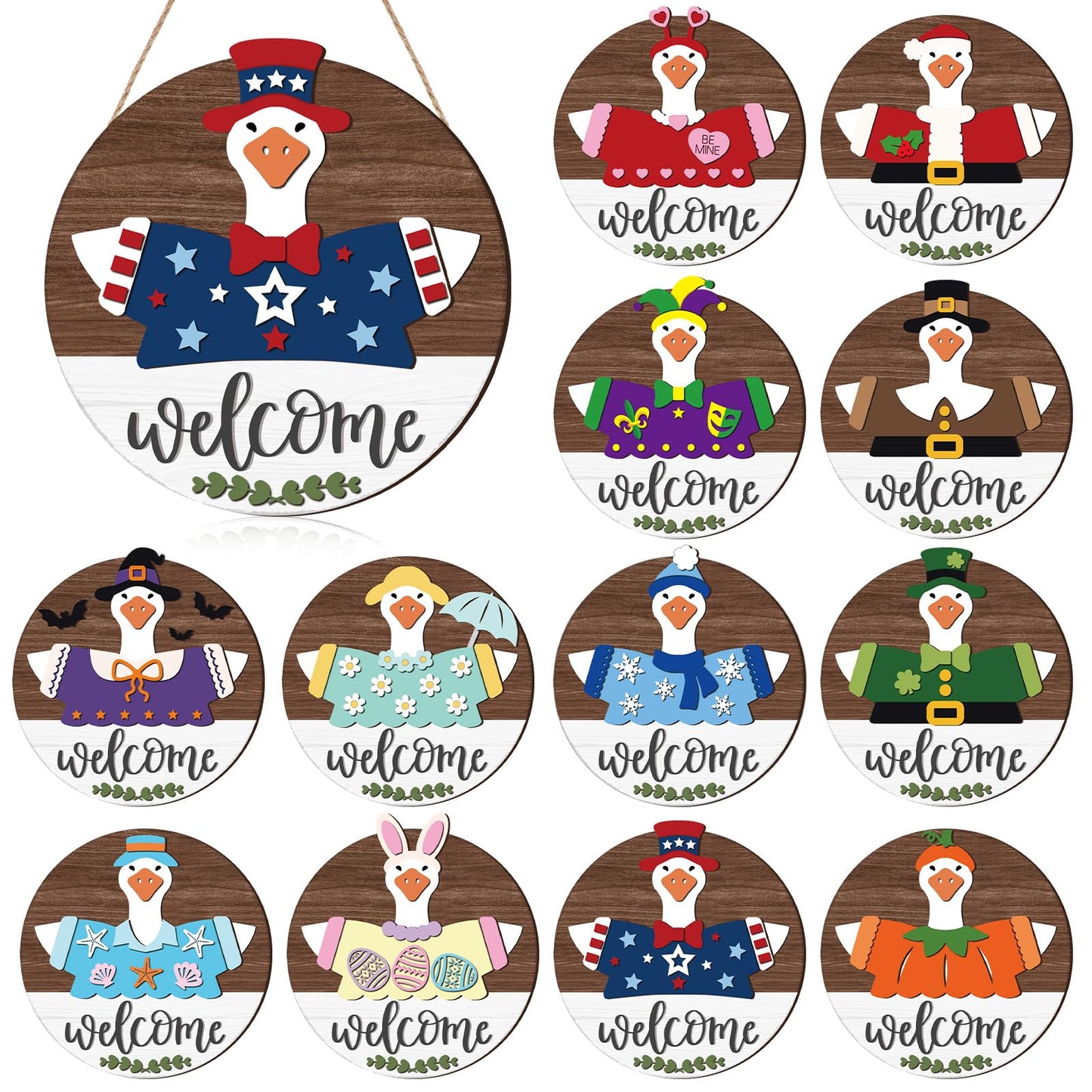 Weysat 25 Pcs Interchangeable Wooden Goose Decor, 11.8 Inch Holiday Seasonal Welcome Changeable Geese Signs Rustic Farmhouse Front Door Round Wreaths Wall Hanging Decorations for Porch Home Outdoor