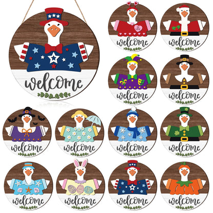Weysat 25 Pcs Interchangeable Wooden Goose Decor, 11.8 Inch Holiday Seasonal Welcome Changeable Geese Signs Rustic Farmhouse Front Door Round Wreaths Wall Hanging Decorations for Porch Home Outdoor