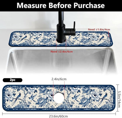 2 Pcs Kitchen Sink Splash Guard Faucet Mats Vintage Porcelain Flowers and Birds