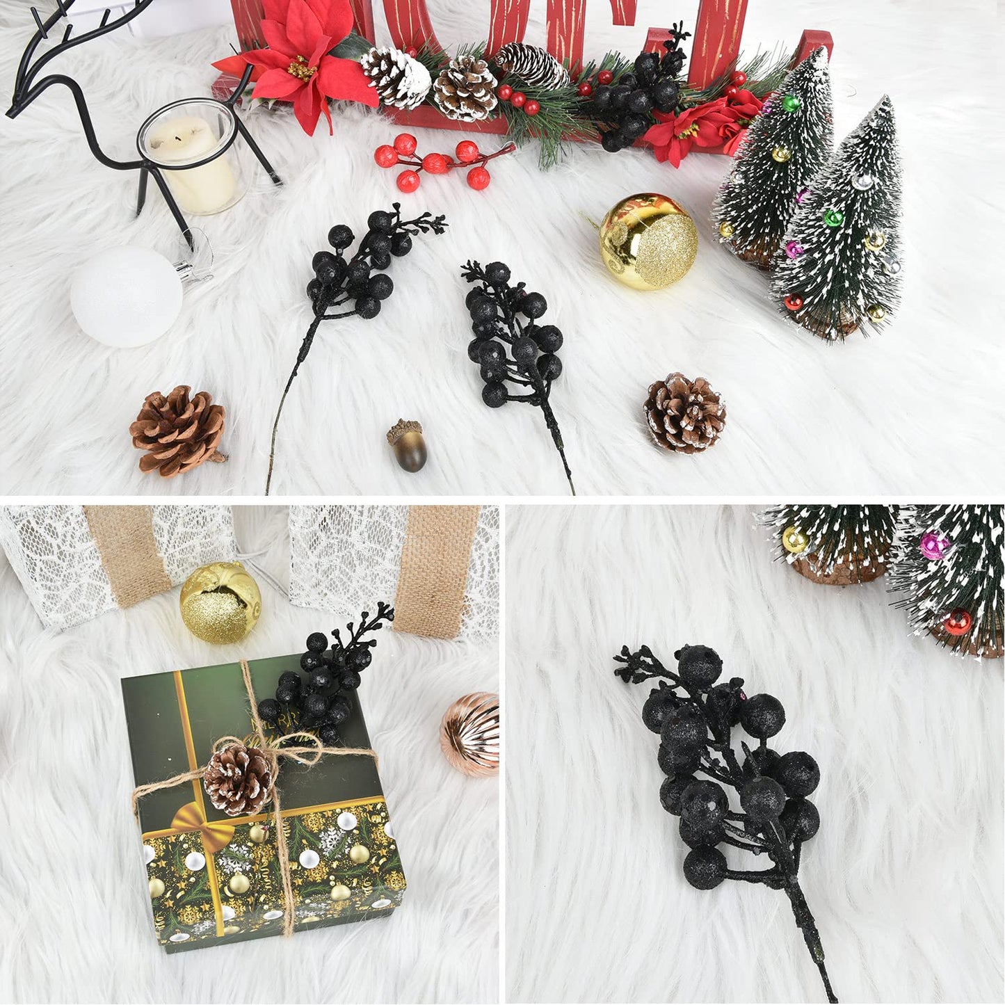 DearHouse 14 Pack Christmas Glitter Berries Stems, 7.8Inch Artificial Christmas Picks for Christmas Tree Ornaments, DIY Xmas Wreath, Crafts, Holiday and Home Decor (Black)