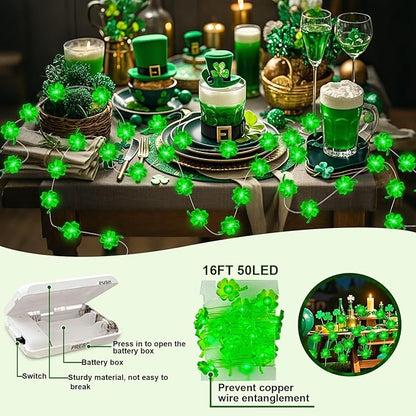 Aogist St. Patrick 's Day Decorations Clover String Lights, 16 ft 50 LED Green Shamrock Fairy Light for Saint Patrick’s Day Decor, Lucky Irish Decals Party Ornaments, Irish Party Supplies (1 Pack)