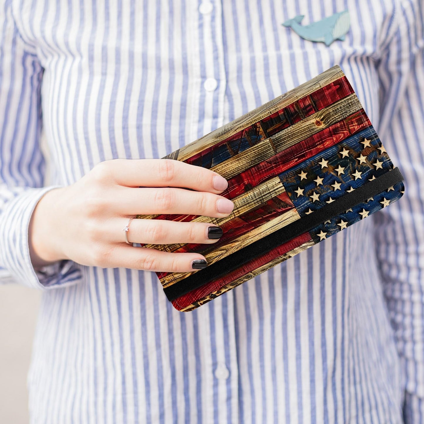 ACWDMKH Leather Checkbook Cover for Men Women Personal Checkbook Holder RFID Blocking Check Book Holder Cover for Duplicate Checks,with A Pen,American Flag Wood