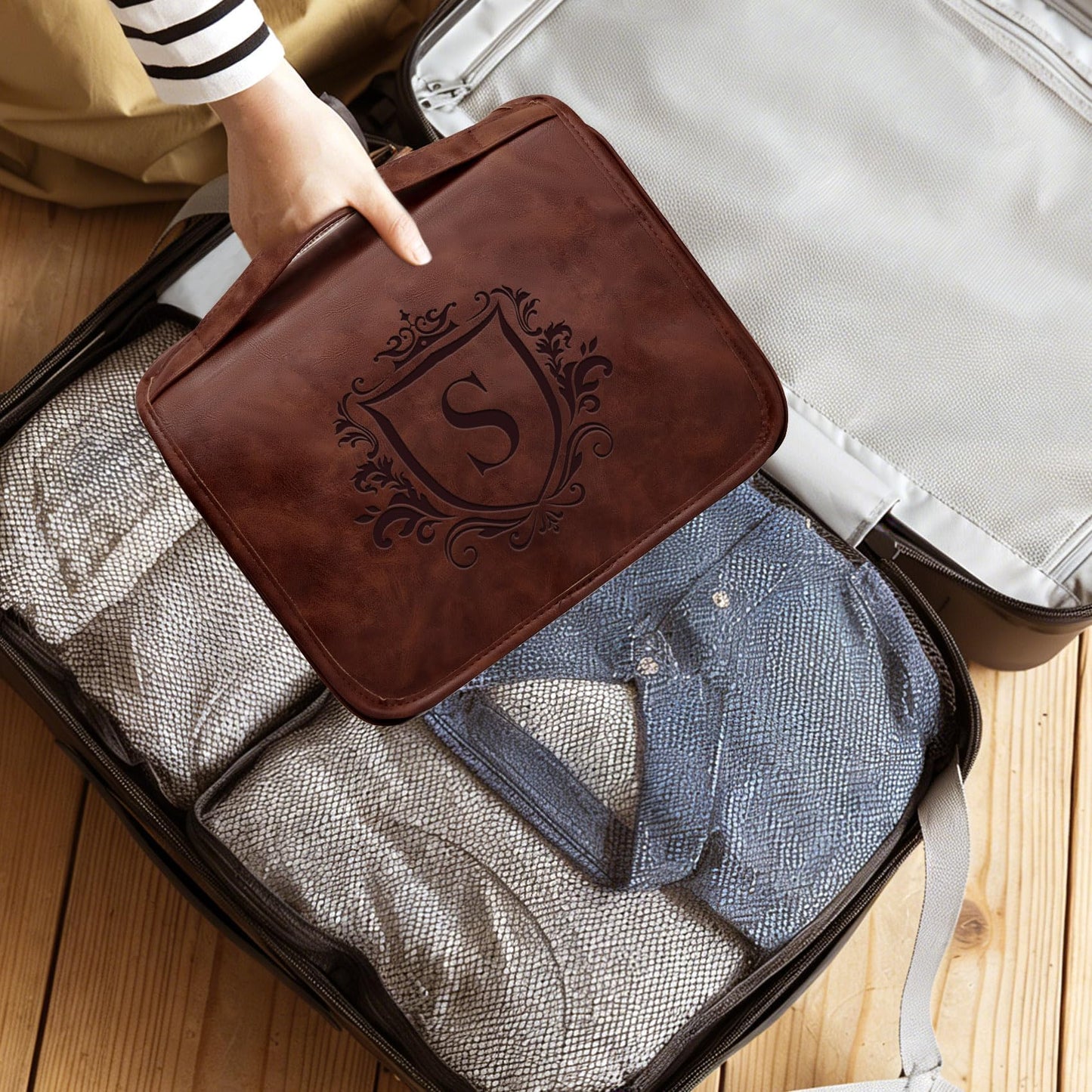 Aganmi Personalized Hanging Toiletry Bag Travel Gifts for Men Him, 3-in-1 Large Laser-Engraved Initial Waterproof PU Leather Shaving Bag Valentines Birthday Gift for Men Dad Husband Reddish Brown M