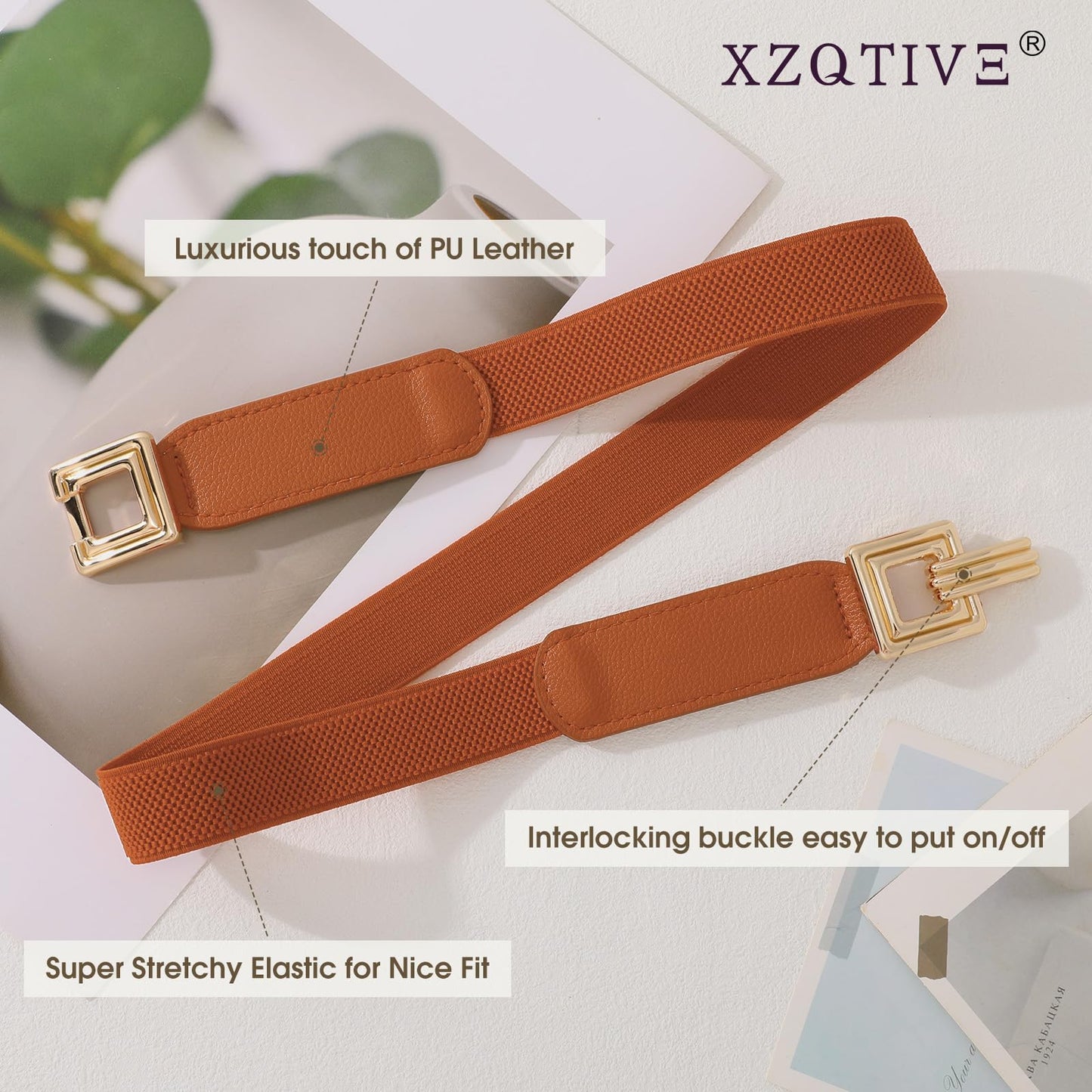 XZQTIVE 2 Pack Women Skinny Stretchy Cinch Belt for Dresses, Thin Elastic Belt Ladies Waist Belt with Retro Gold Buckle (Black+Brown) Fit Waist Size 32"-39"