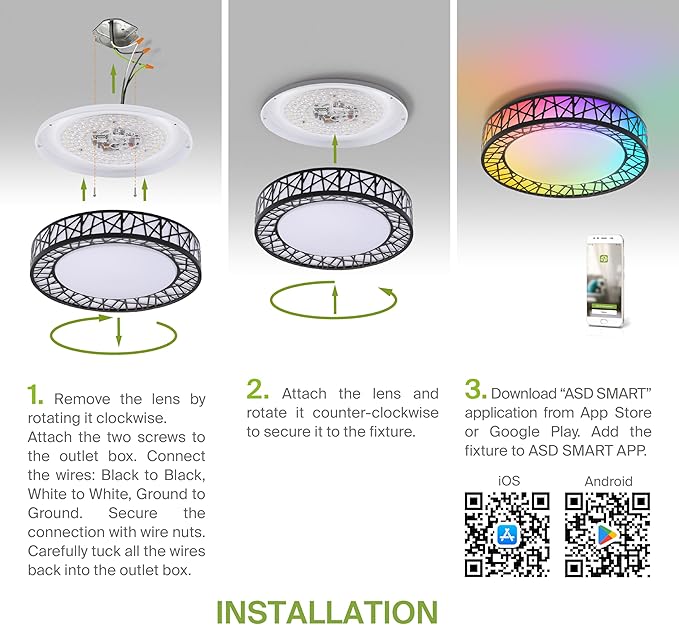ASD 12 Inch Smart RGBW Flush Mount Ceiling Light with Remote - Matte Black 20W 120V 2700-6500K Dimmable Ceiling Light Fixture, WiFi App Control RGB Lights, Alexa & Google Assistant - ETL