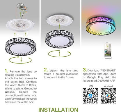 ASD 12 Inch Smart RGBW Flush Mount Ceiling Light with Remote - Matte Black 20W 120V 2700-6500K Dimmable Ceiling Light Fixture, WiFi App Control RGB Lights, Alexa & Google Assistant - ETL