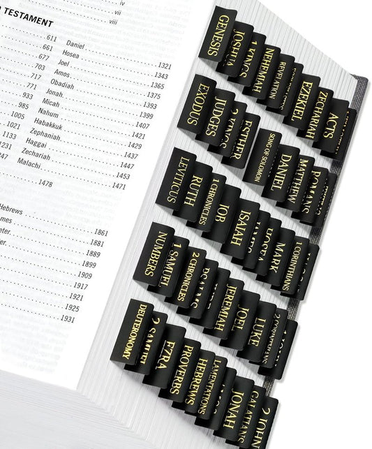 Bible Tabs for Easy Navigation | Large Print Index Tabs for Study Bibles - 66 Tabs + 9 Blank Tabs - Black