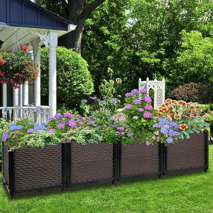 Large Raised Planter Box Outdoor Self Watering 62.9"x15.7"x14.2" , Deep Raised Garden Bed - Elevated Garden Box with Drainage Plug, Rectangular Garden Planter Perfect for Patio Balcony Deck