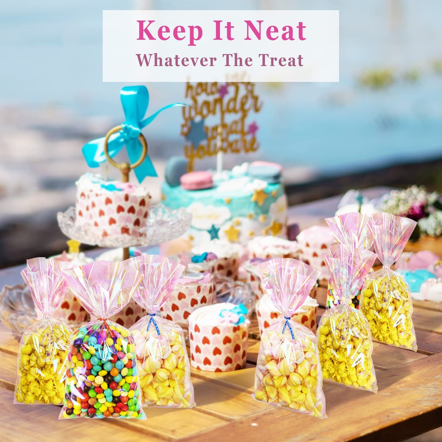 Yotelab Iridescent Holographic Cellophane Treat Bags, 6x12 Inches, Party Favors with Twist Ties, 100 Pieces