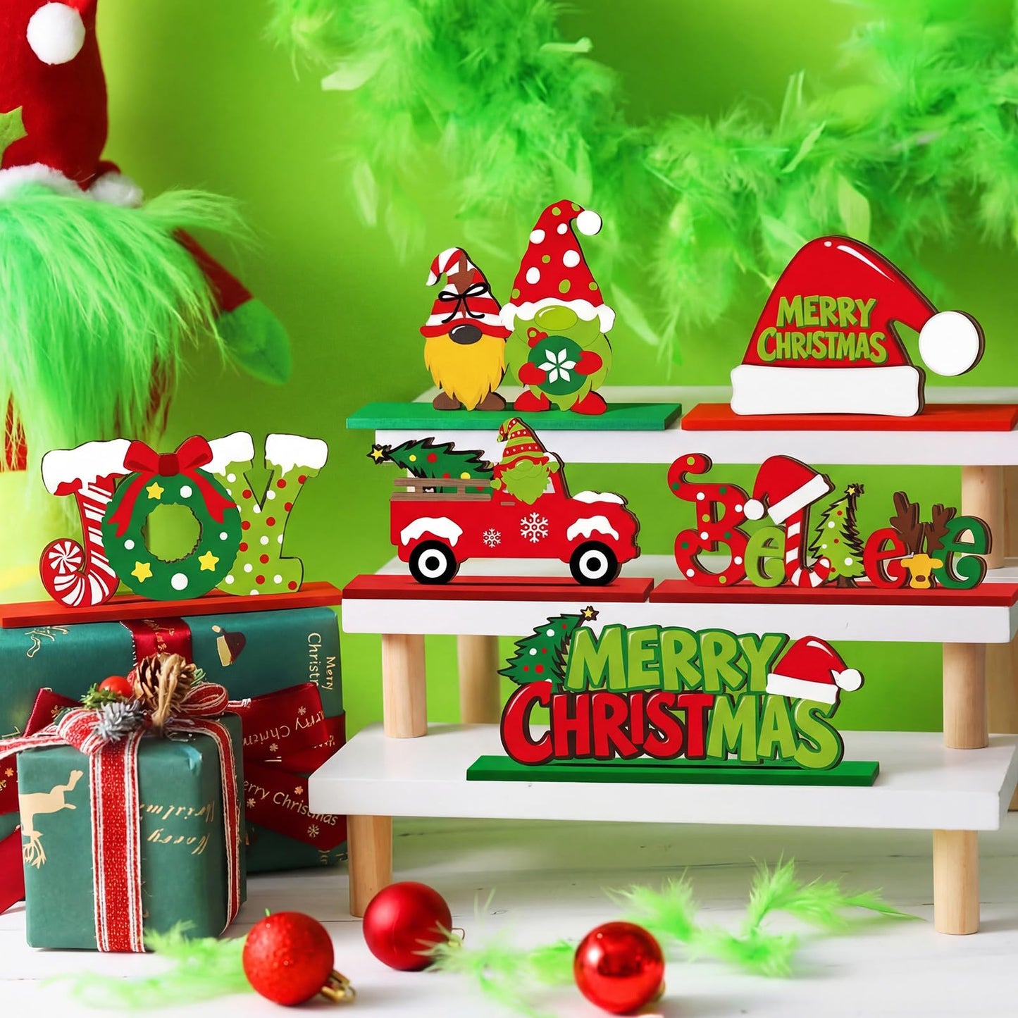 Realspring 6 Pcs Christmas Table Decorations Merry Christmas Wooden Centerpieces Table Decor Joy Wood Gingerbread Gnome Tabletop Xmas Tree Standing Signs for Home Winter Xmas Theme Party Supplies