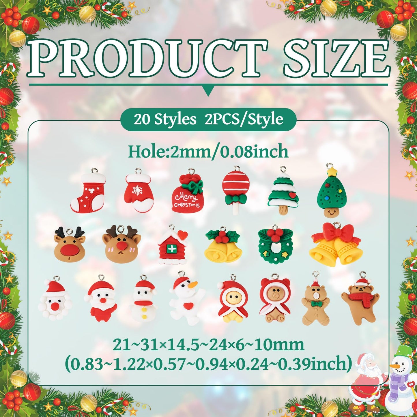 Cheriswelry 40Pcs Christmas Resin Charms for Crafts Santa Claus Snowman Deer Jingle Bell Pendants Ornaments 21-30mm for Xmas Home Party Decoration Necklace Earring Bracelet Making
