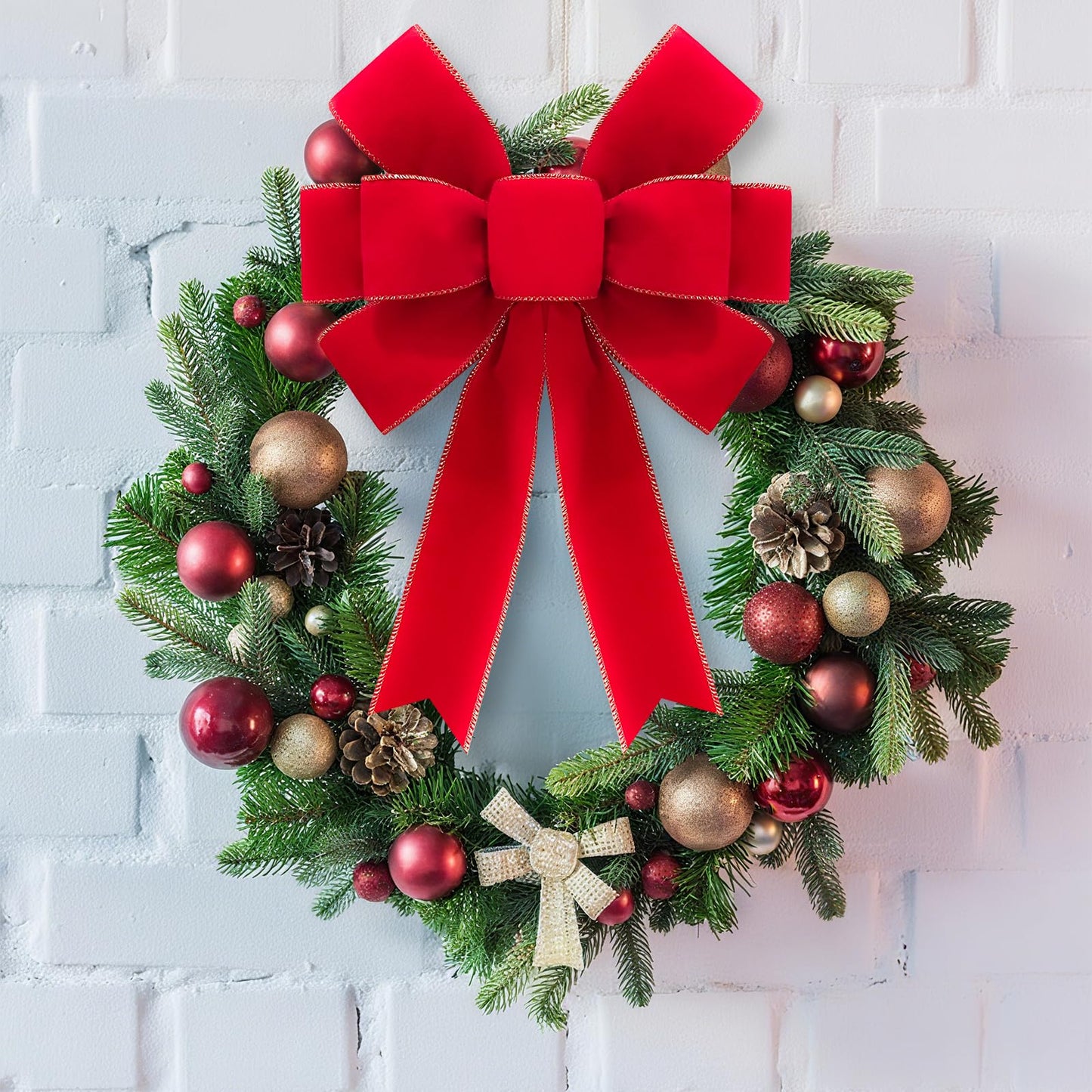 2pcs 16-Inch Velvet Red Bows for Christmas Tree, Handmade Christmas Bow Tree Topper-Gold Wire-Fluffy Sturdy Shape-Retaining, Gift Boxed & Ready-to-Use for Wreath Floral Fireplace Outdoor Car Garden