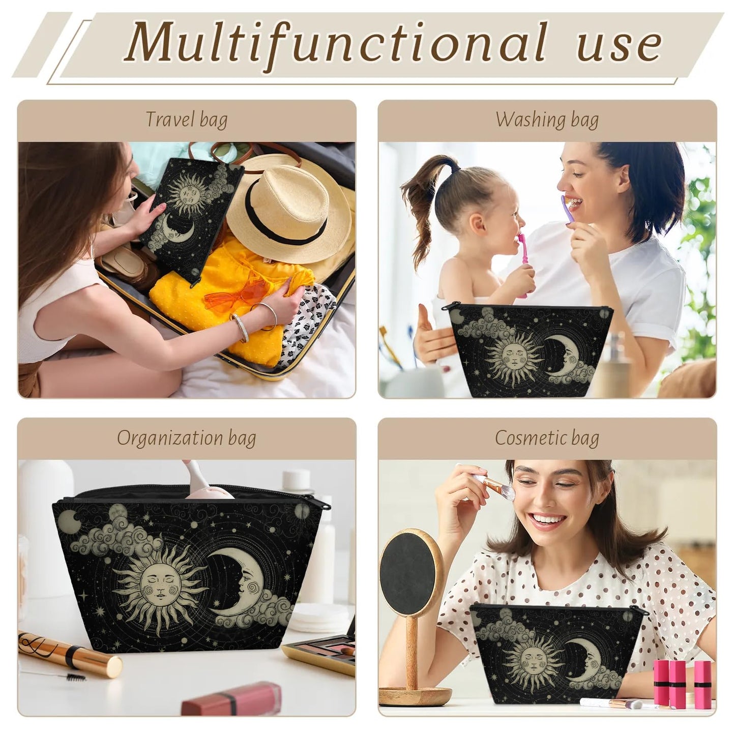 KUYEHTAO Astrology Sun Moon Gothic Makeup Bag for Women, Portable Cosmetic Bag for Travel Purse, Fashion Zipper Makeup Pouch, Small Travel Bag for Purse