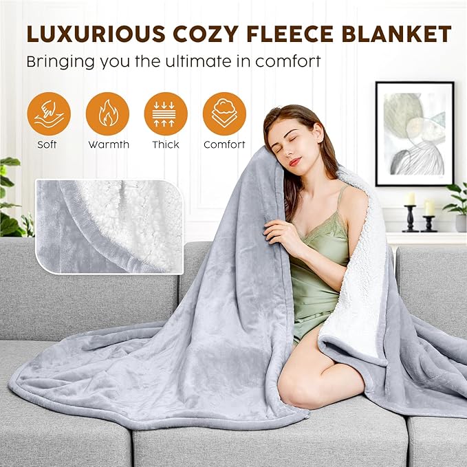 HYLEORY Heated Electric Blanket Twin 62"x84" Soft Fleece & Flannel with 5 Heating Levels & 10 Hours Timer Auto Shutt Off, ETL Certified, Washable，Heated Blanket for Body-Light Grey