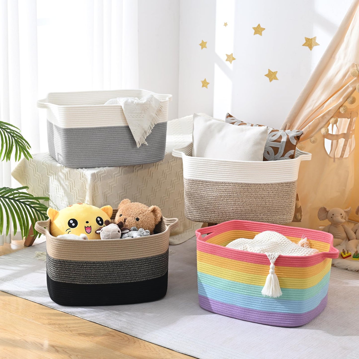 Degeyoyo Large Blanket Basket, 60L Storage Baskets for Organizing, Woven Laundry Basket for Blankets, Cotton rope Blanket Storage for Living Room, Nursery Room, 19.7" L x 15.74" W x 11.8" H, Brown