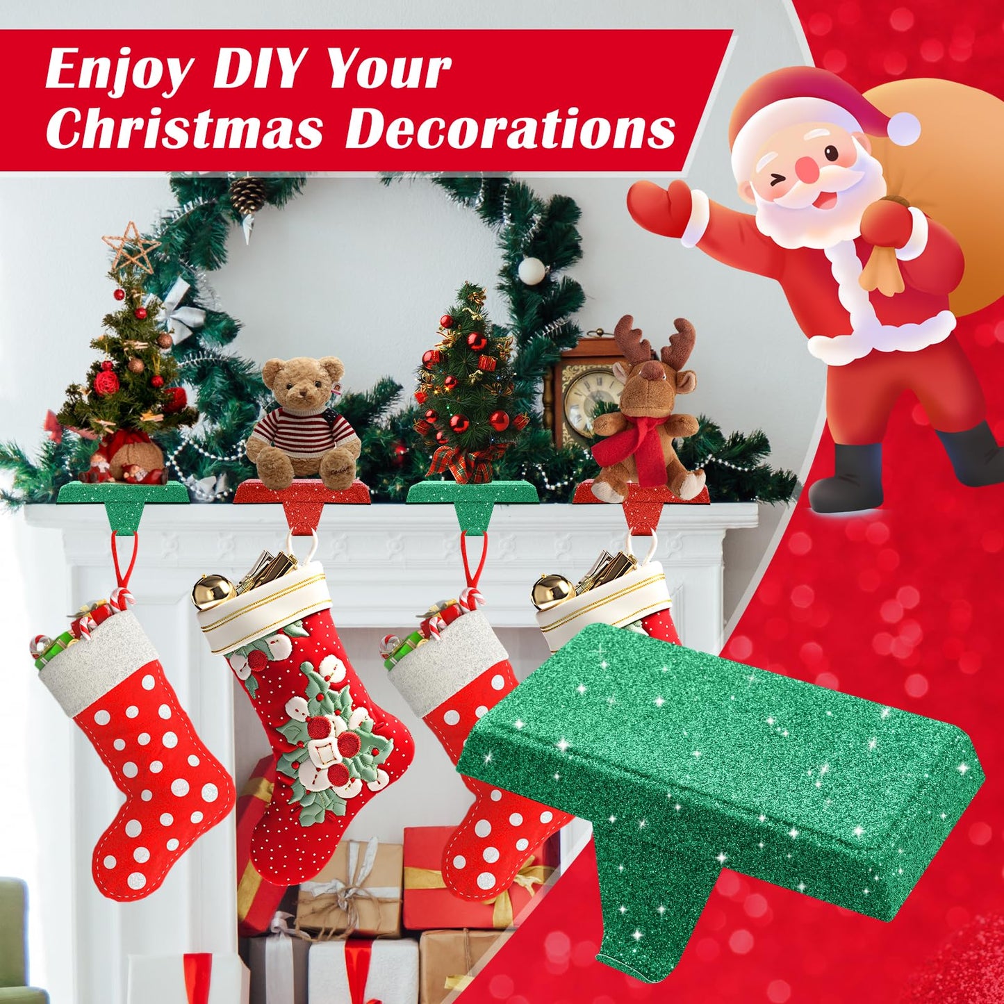 GoClimber Christmas Stocking Holders for Mantle Set of 4, Weighted Stocking Holder Fireplace Stocking Hangers for Xmas Holiday Party Decoration