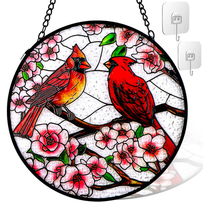 Remiawy Cardinal Stained Glass Window Hanging, 10 Inch Sun Catcher Glass Panel with Metal Chain and Hooks Suncatcher Indoor Window Wall Art Home Decor Gift for Bird Lovers Women Mother's Day Christmas