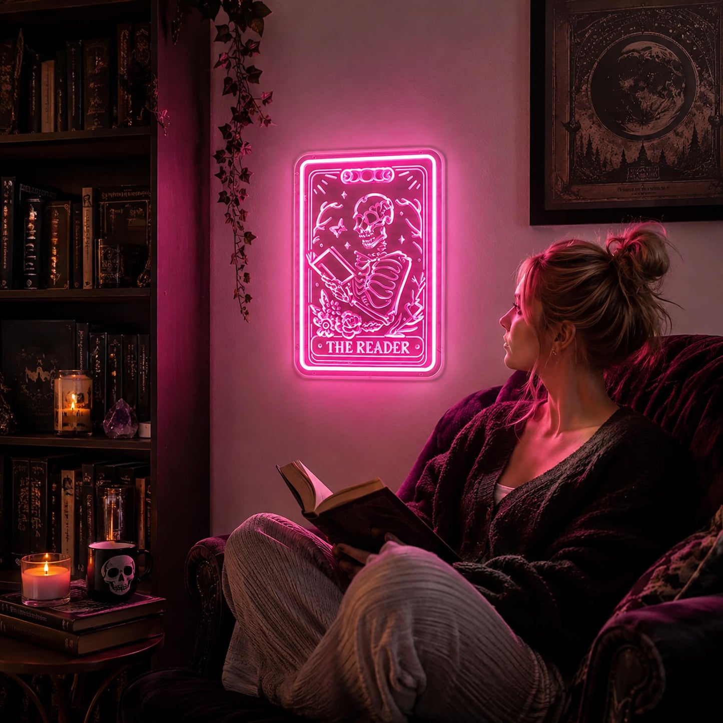 Whfobfe Pink Neon Sign Led Neon Lights Signs for Wall Decor USB Powered Led Signs for Room Decoration-Skeleton Reading Book