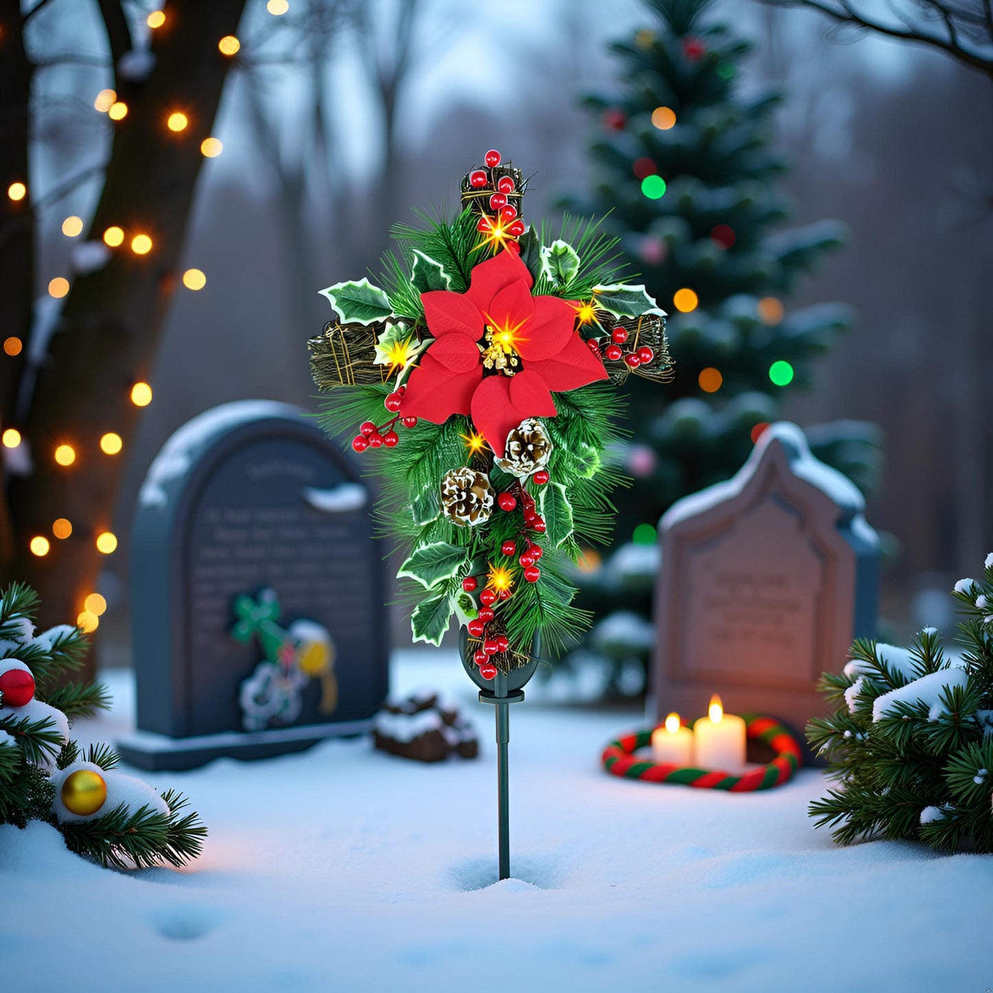 YULETIME 36" Christmas Cross Stake, Solar Powered with 15 Fairy Lights, Metal Cross, Natural Rattan, Red Poinsettia & Berries, Pine Cones, Pine Needles (Red)